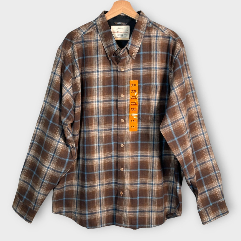 Weatherproof Vintage Flannel Shirt Men's 2XL Brown Plaid 100% Cotton Casual NEW